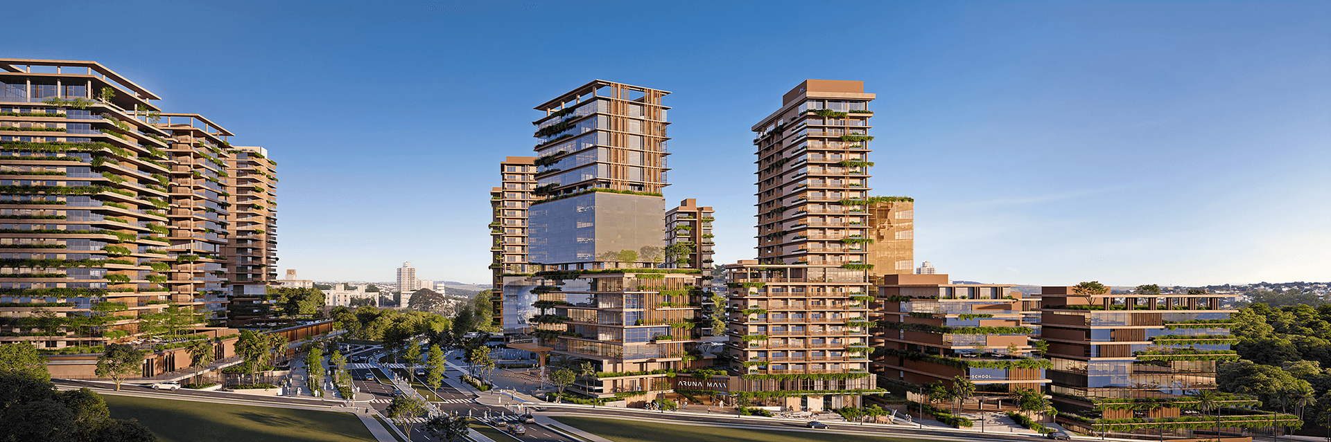 Vista aérea do masterplan do Cidade Aruna, com torres integradas ao verde