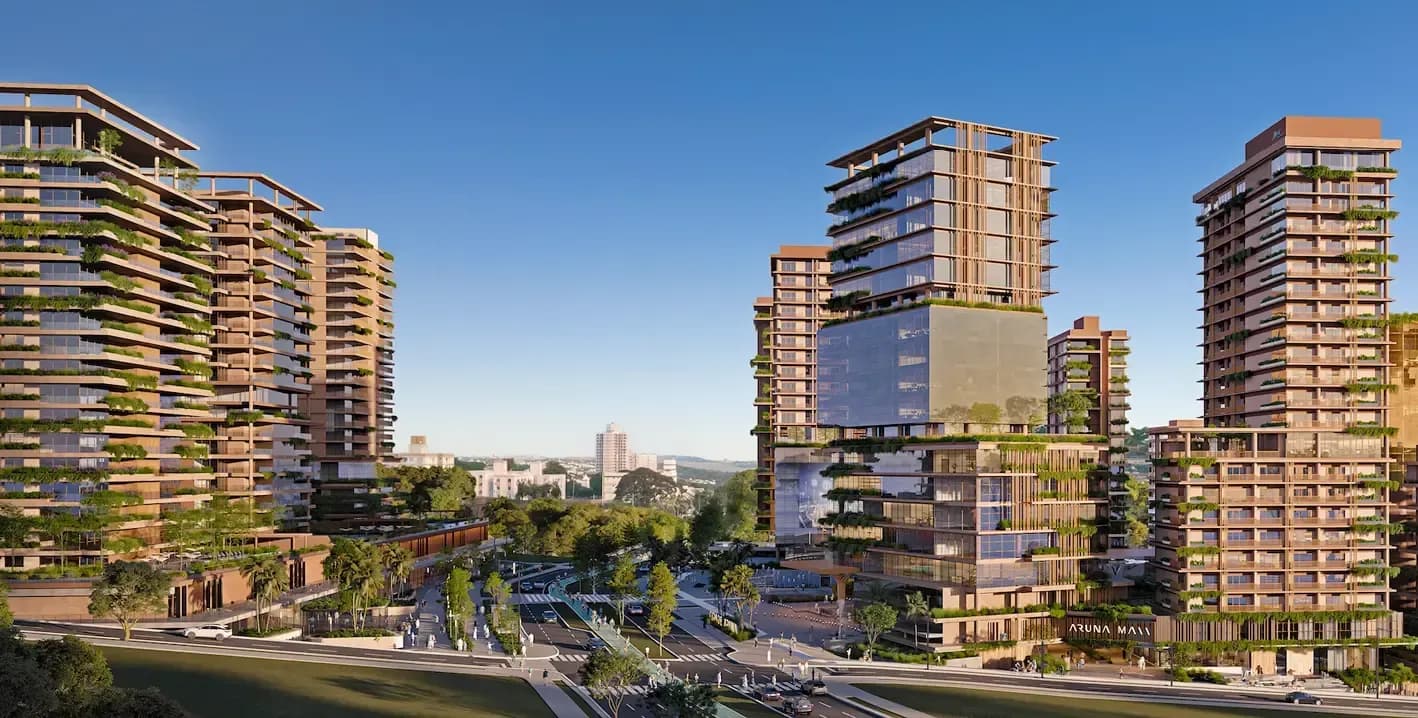 Torres do Cidade Aruna vistas da avenida, com fachadas vegetadas