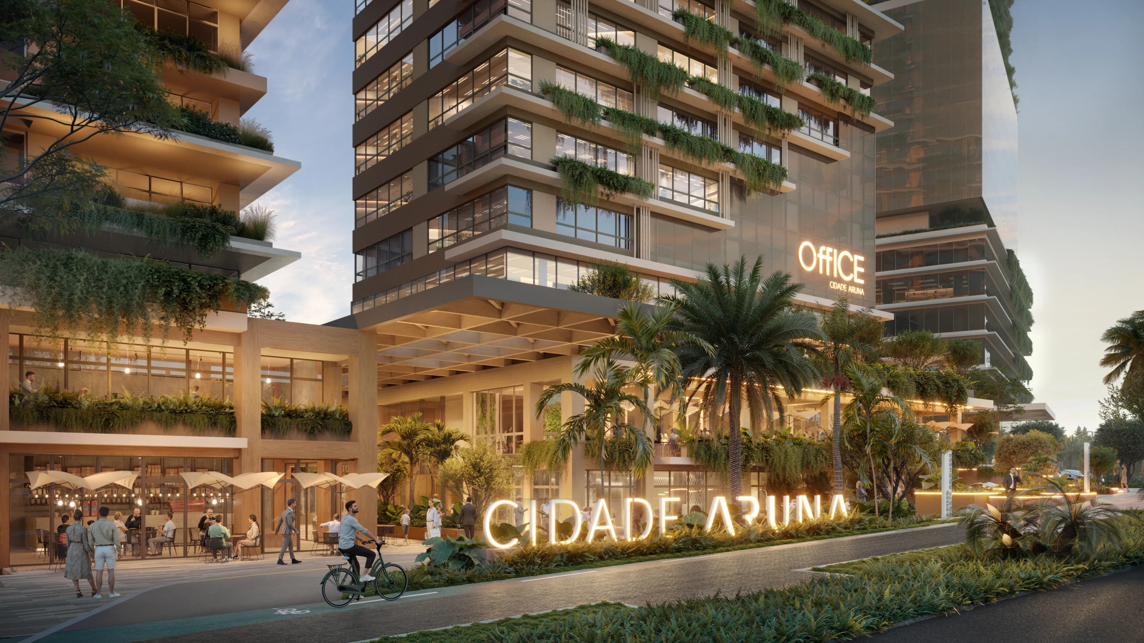 Perspectiva oficial do acesso ao Office Cidade Aruna e da integração com o térreo