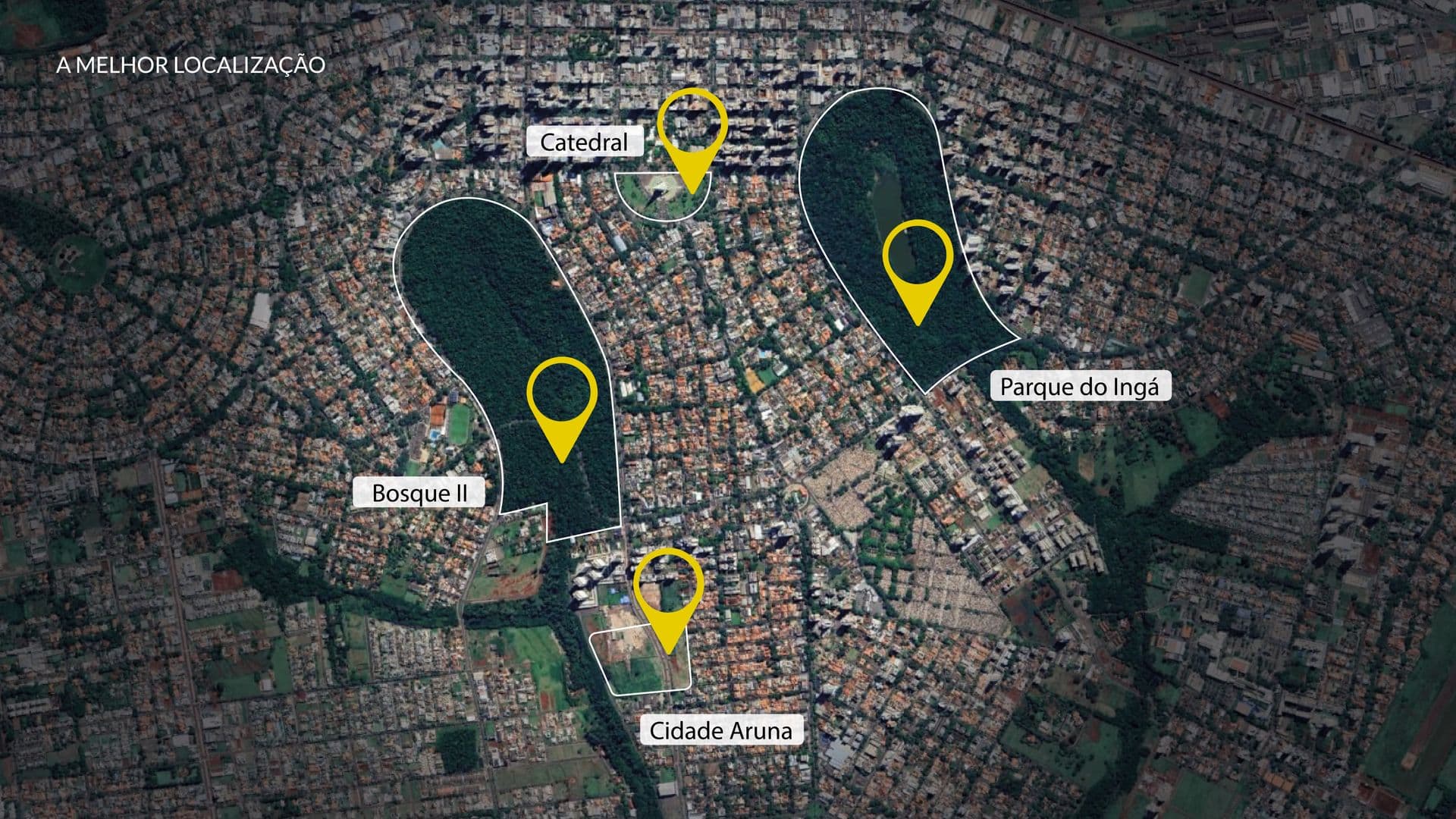 Imagem aérea de Maringá com o Cidade Aruna e os parques do entorno marcados